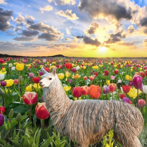 16x20 Suri Alpaca Field of Flowers Sky Landscape Fantasy Oil Painting Art Print - Picture 7 of 7